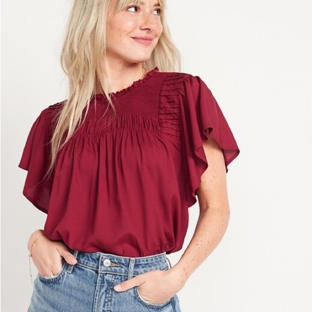Old Navy New w Tag Burgundy Sz XL Flutter-Sleeve Smocked Pintucked Swing Blouse